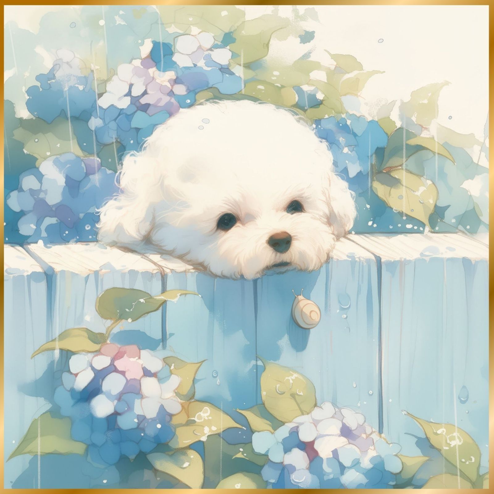 雨犬戯舞 - ビションフリーゼ犬の子犬 No.1 梅雨 季節 時期 紫陽花 カタツムリ 子犬 うちの子記念日 ペットロス アートポスター 犬の絵 犬のイラスト