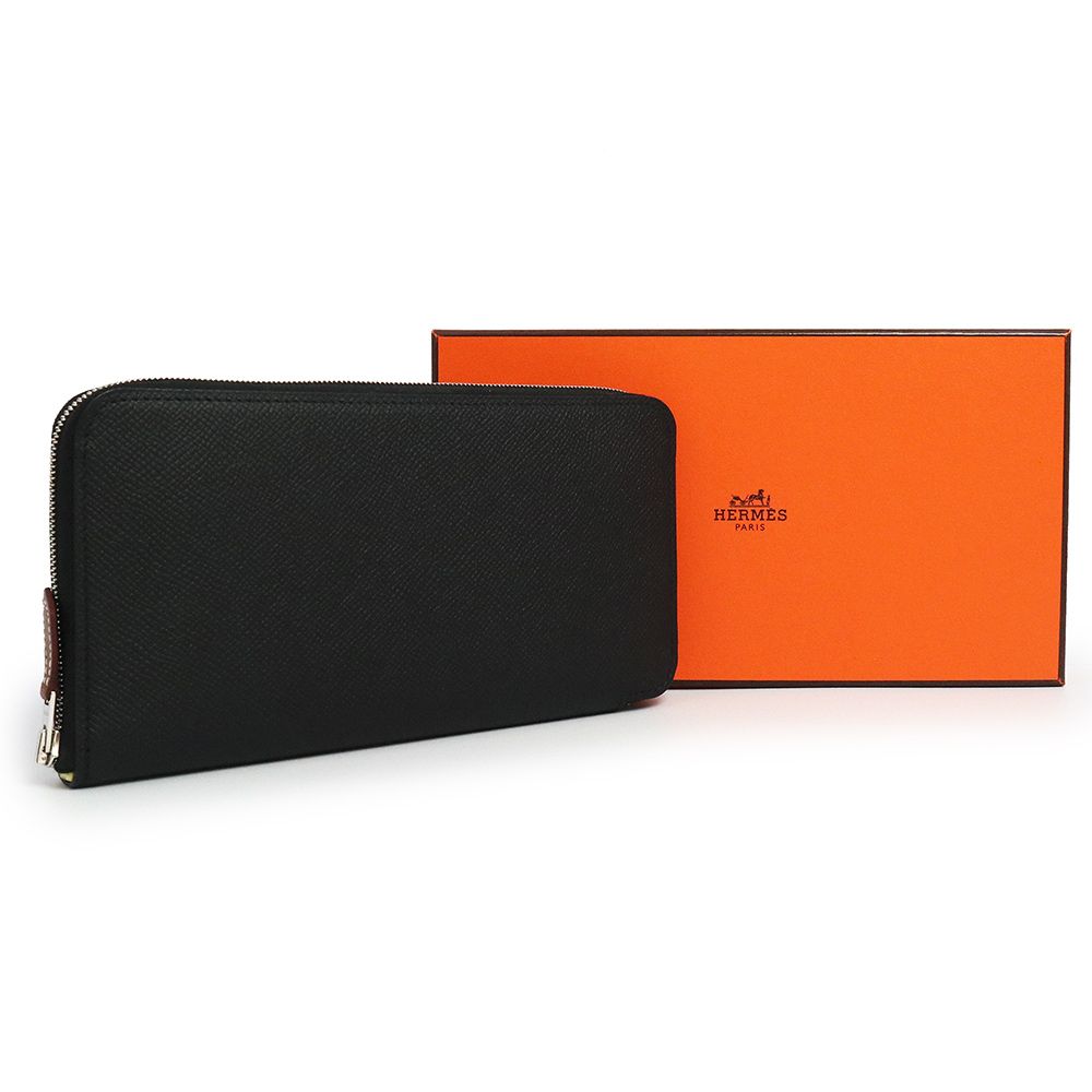 エルメス アザップロング シルクイン EN LIBERTE アンリベルテ 自由に ラウンドファスナー ジップ 長財布 ヴォーエプソン レザー ノワール ブラック オレンジ シルバー金具 B刻印 HERMES