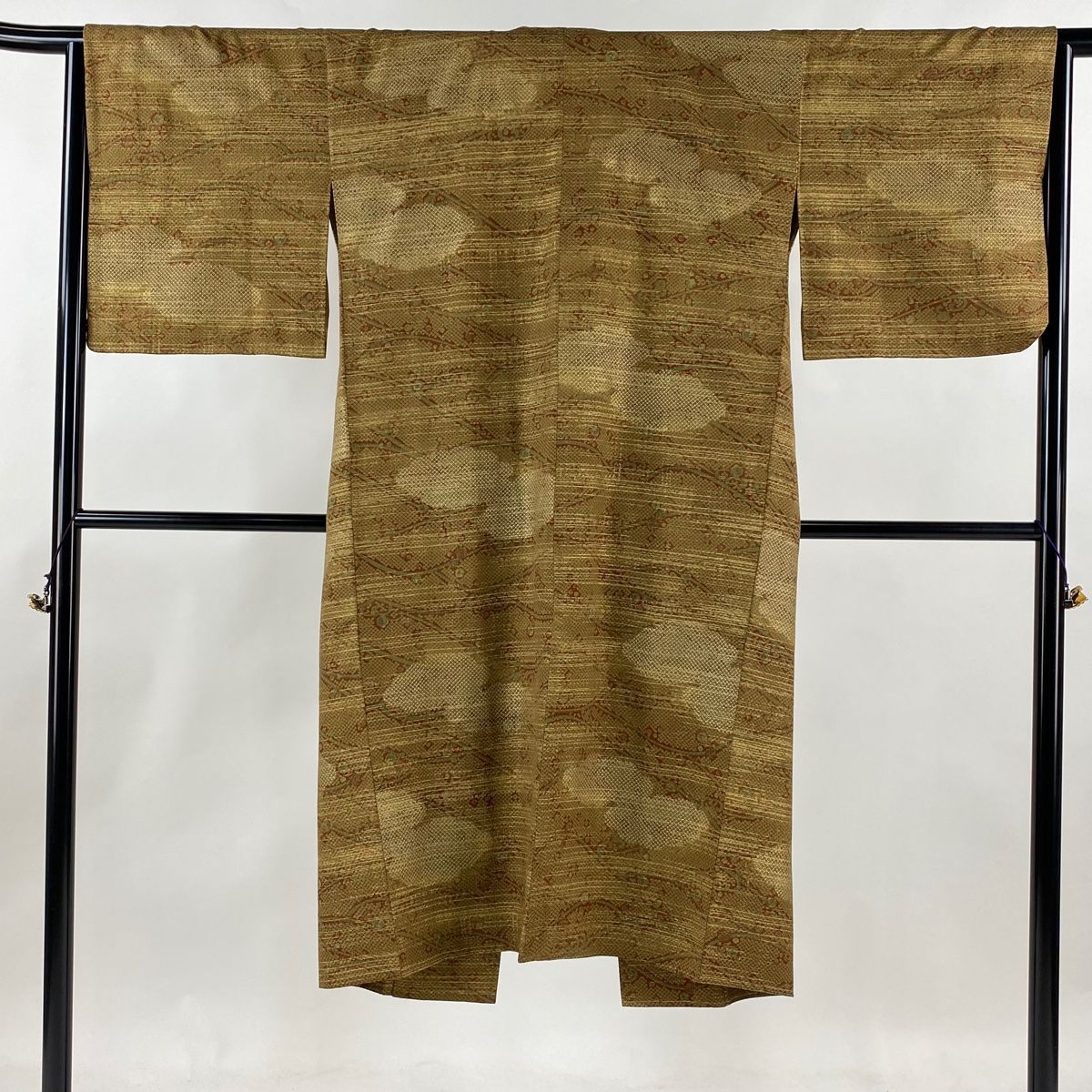 道中着 身丈125cm 裄丈65cm M 和装コート 枝花 疋田柄 金彩 山吹茶色 正絹