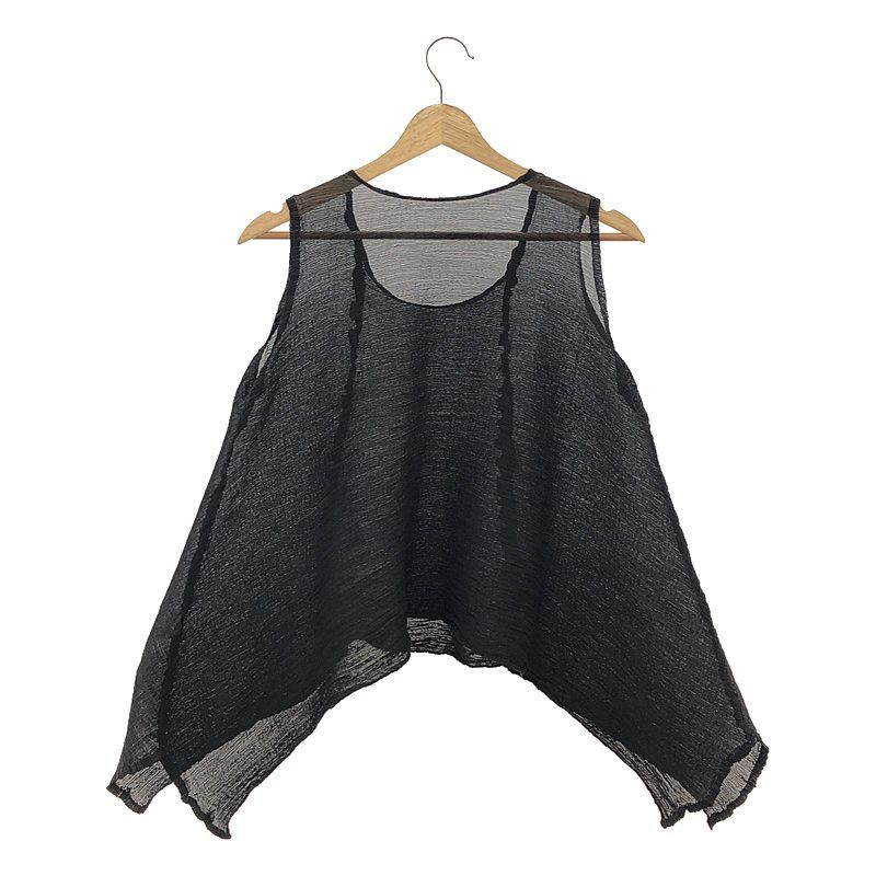 【美品】  me ISSEY MIYAKE / ミーイッセイミヤケ | シースルークレープ ノースリーブトップス | ブラック | レディース 美品】 me ISSEY MIYAKE / ミーイッセイミヤケ | シースルークレープ