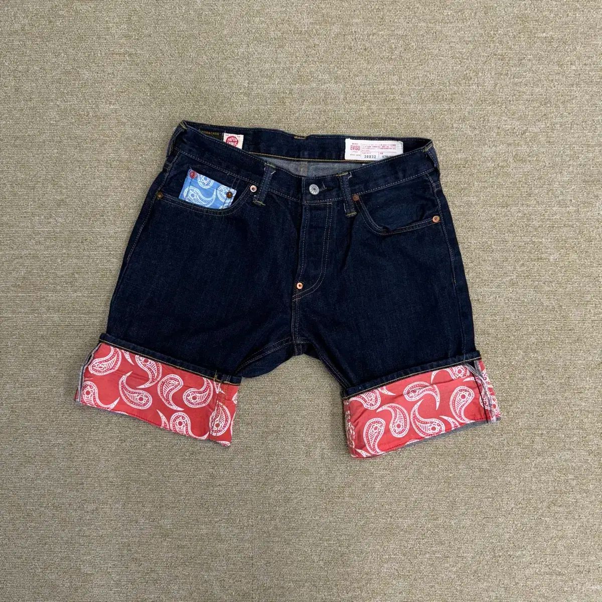 EVISU エヴィス シグネチャー ロゴ パッチ バンダナ ハーフ デニムパンツ