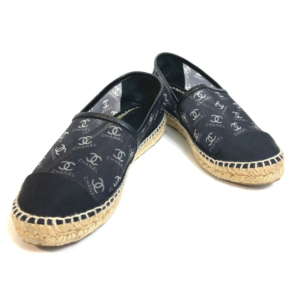 美品▼CHANEL シャネル G34673 メッシュ レザー ココマーク メッシュ エスパドリーユ スリッポン ブラック 42 スペイン製 メンズ シャネル G34673 CC ココマーク スリッポン エスパドリーユ メッシュ