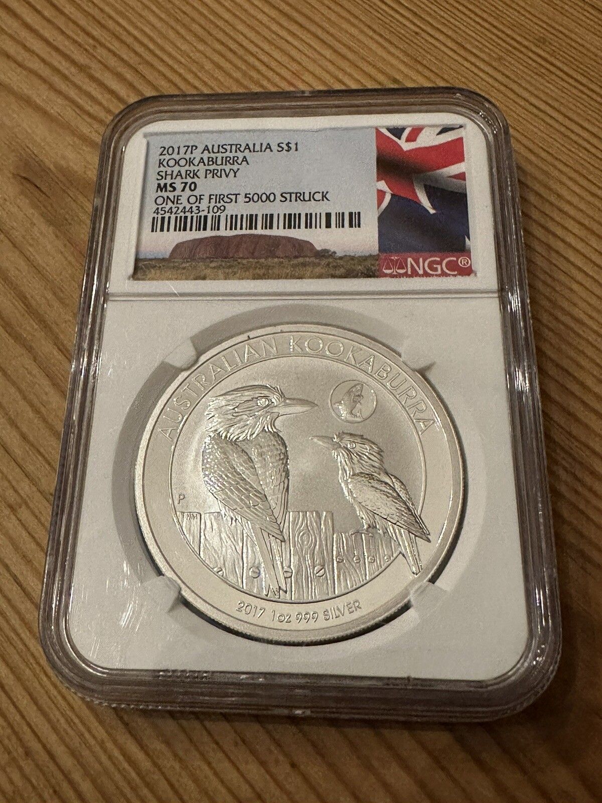 2017P Atralia $1 Kookaburra Shark Privy NGC MS70 FLAG LABEL1st 5000 STRUCK