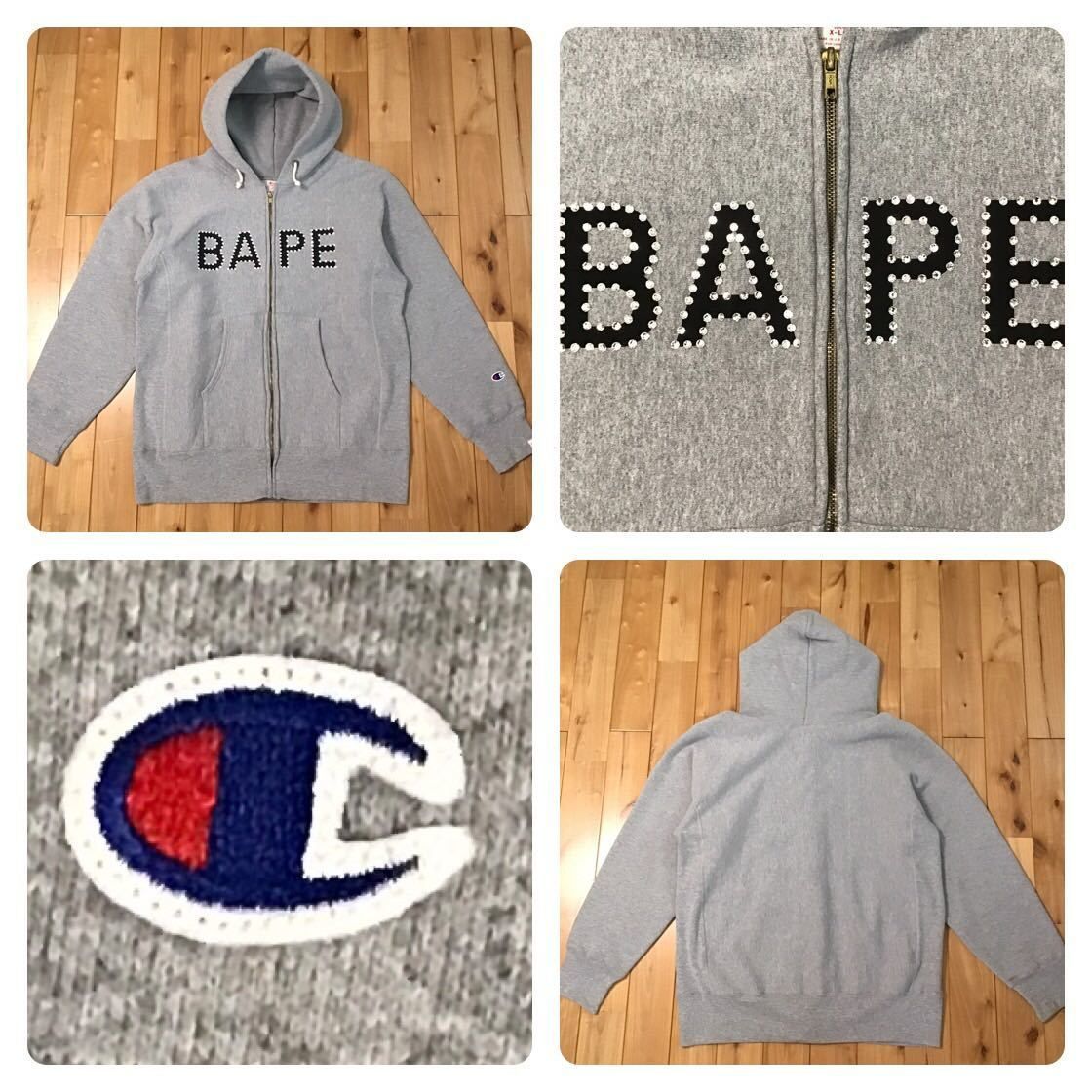 ★XL★ CHAMPION × swarovski × BAPE ジップ パーカー グレー a bathing ape zip hoodie  チャンピオン エイプ ベイプ スワロフスキー