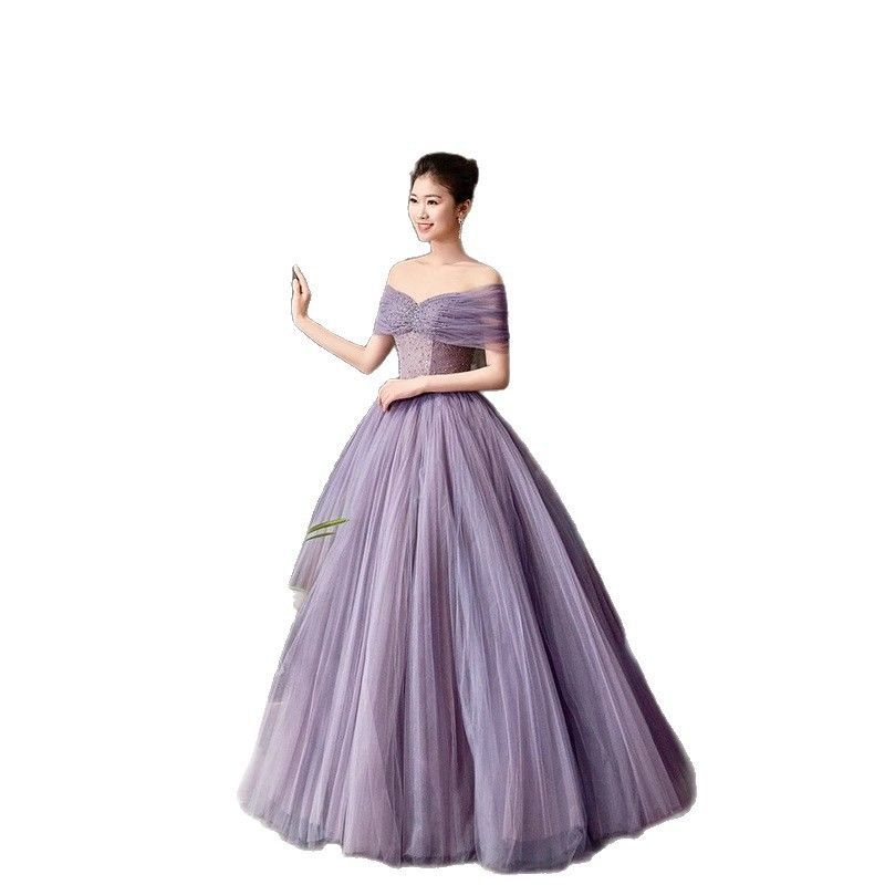 パープル フェアリーチュールドレス 新婦用 結婚式 気品あふれる 敬酒服 宴会 ホスト用 感あふれるイブニングドレス-9.23