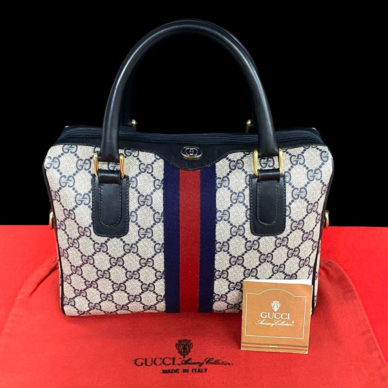 極 美品 GUCCI グッチ オールドグッチ シェリーライン GGロゴ レザー 本革 ハンドバッグ ミニ トートバッグ ボストンバッグ ネイビー  22135 - メルカリ