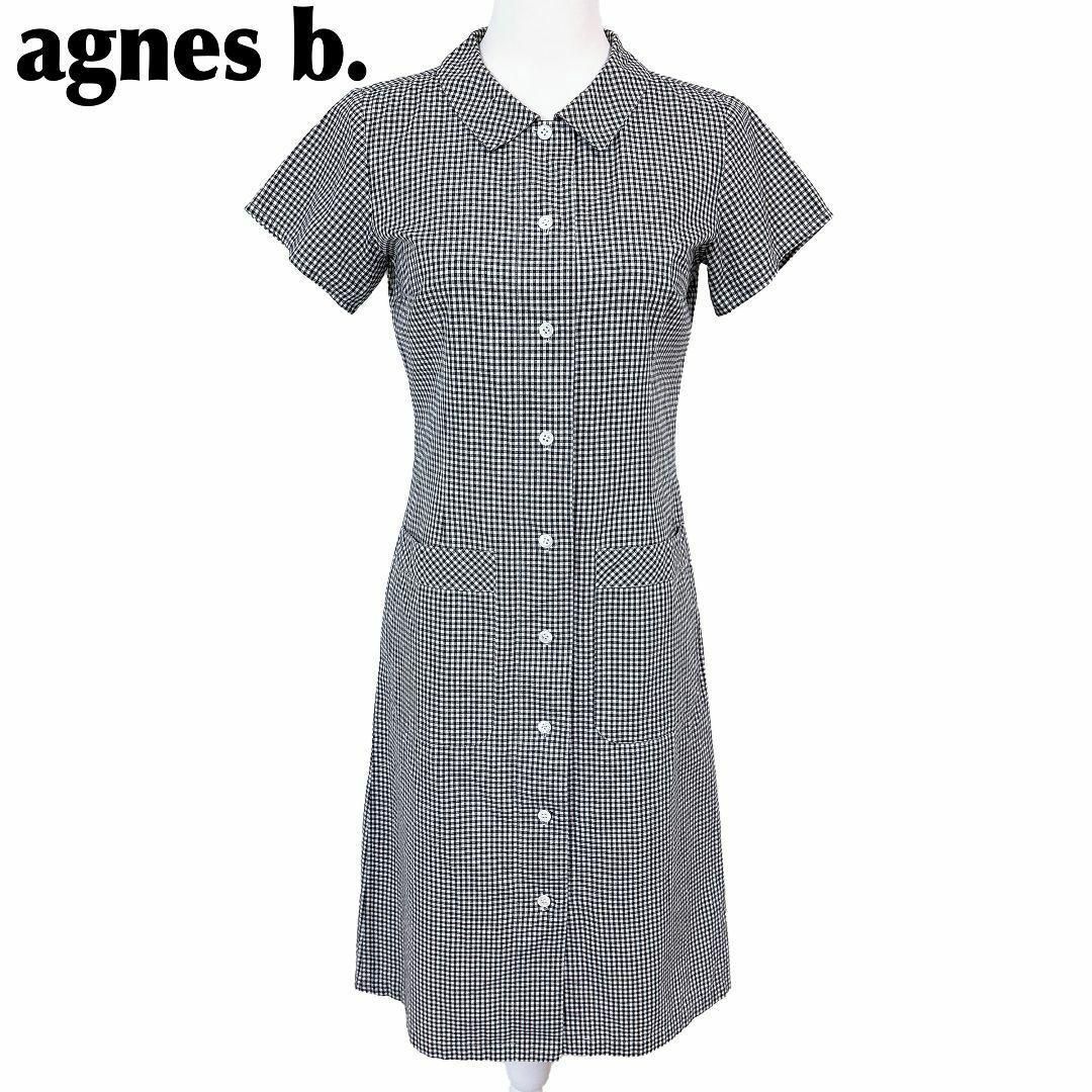 アニエスベー 半袖シャツワンピース 38 チェック 黒×白