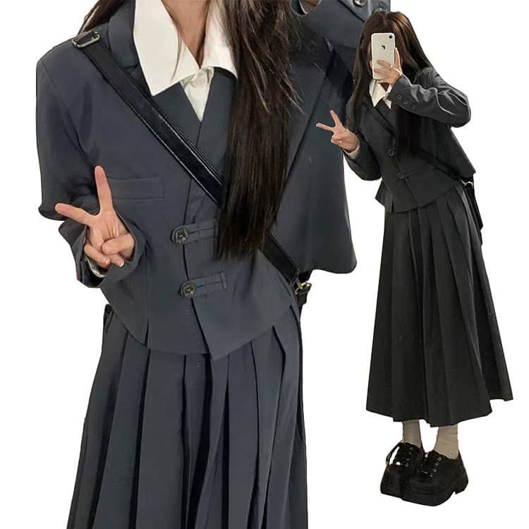 中高生 卒業式 スーツ 女の子 2|3点セット 小学校高学年 グレー フォーマルスーツ ジャケット シャツ スカート 長袖 ロングプリーツスカー