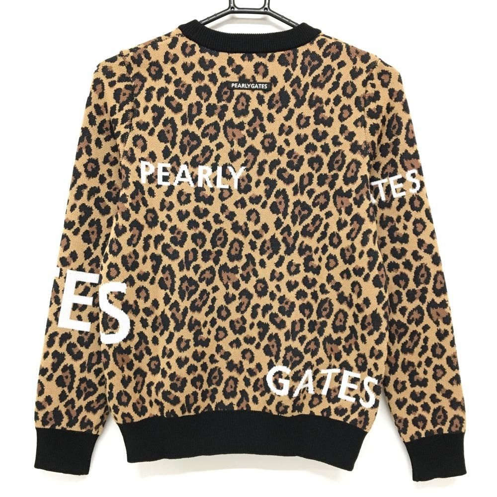 パーリーゲイツ セーター ライトブラウン×黒 レオパード柄 ロゴ白 ウール混 ニット レディース 0 S ゴルフウェア PEARLY GATES