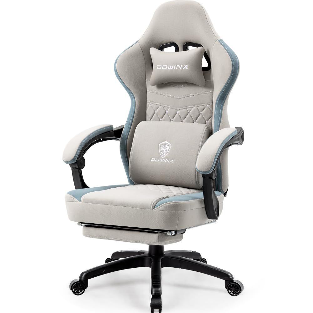 Dowinx ゲーミングチェア 涼感ジェルシート 椅子 チェア ファブリック オットマン付き オフィスチェア パソコンチェア フットレスト ゲーム用 布 ポケットコイル ハイバック ソファー座り心地 グレー LS-6657D01AAA