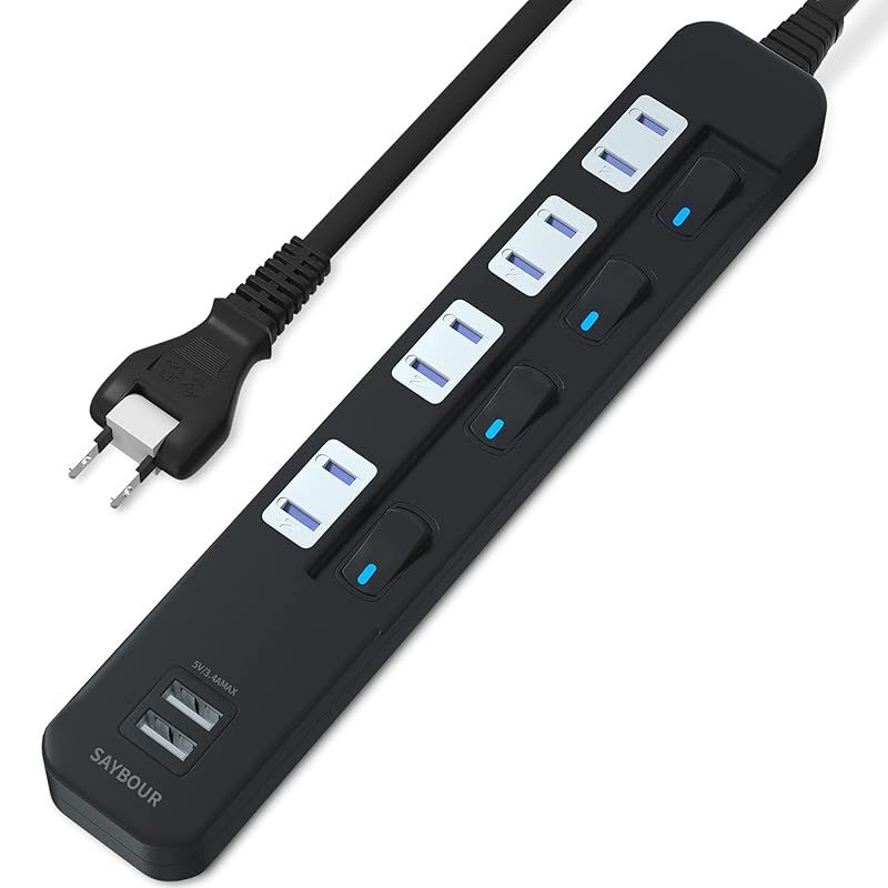SAYBOUR タップ電源タップ 3.4A USB 付き PSE認証済 雷ガード 省エネ 個別スイッチ 4+2(AC差し込み口 +USBポート) (1m， ブラック) 0