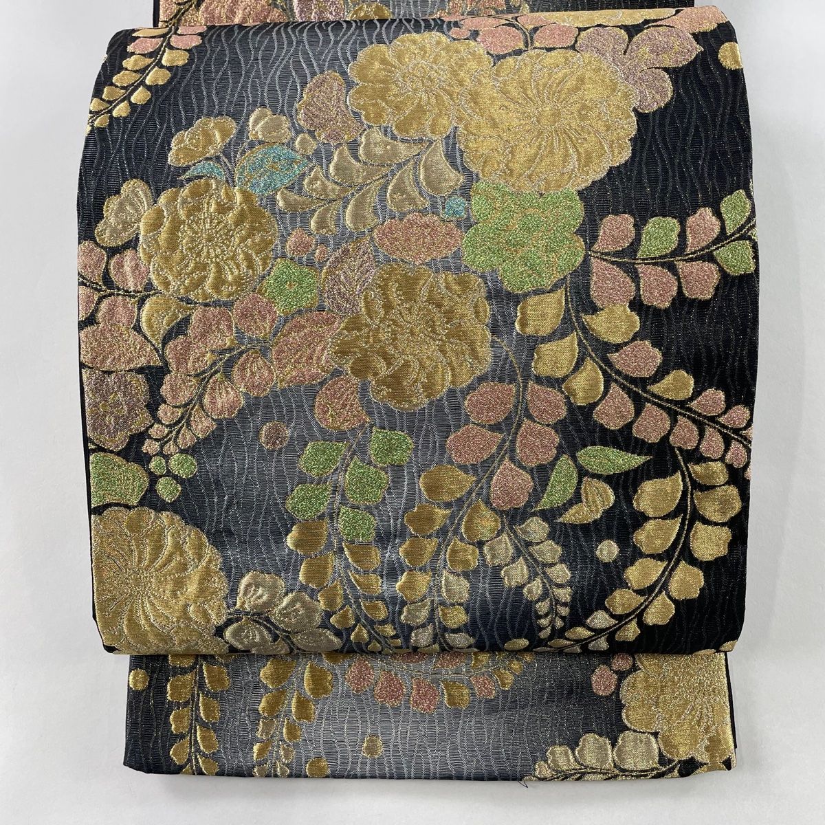 袋帯 秀品 証紙 辻が花 金糸 箔 黒灰 六通 正絹