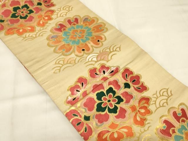 平和屋着物◎アンティーク 大正ロマン 丸帯 唐織 飛鶴花文 金糸 正絹