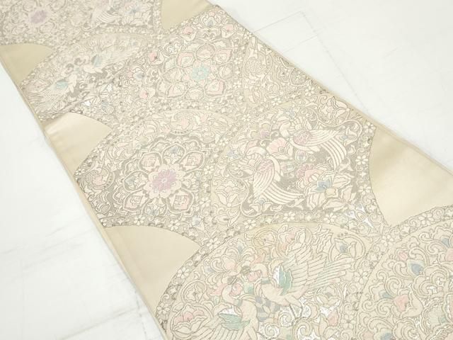 平和屋着物◎六通柄袋帯 唐織 向い鳥鳳凰花文 銀糸 正絹 逸品