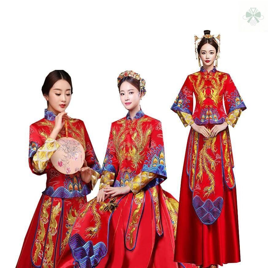 中華ウエディングドレス 中国古典チャイナ服 中華衣装上下二点セットアップ 赤 鳳刺しゅう チャイナ風舞台ステージ服 チャイナ