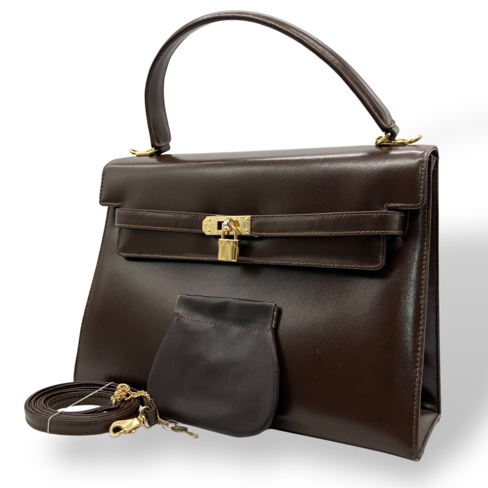 本革 ハンドバッグ 2way ベルトデザイン ゴールド金具 ブラウン 1390 本革 ハンドバッグ 2way ベルトデザイン ゴールド金具 ブラウン