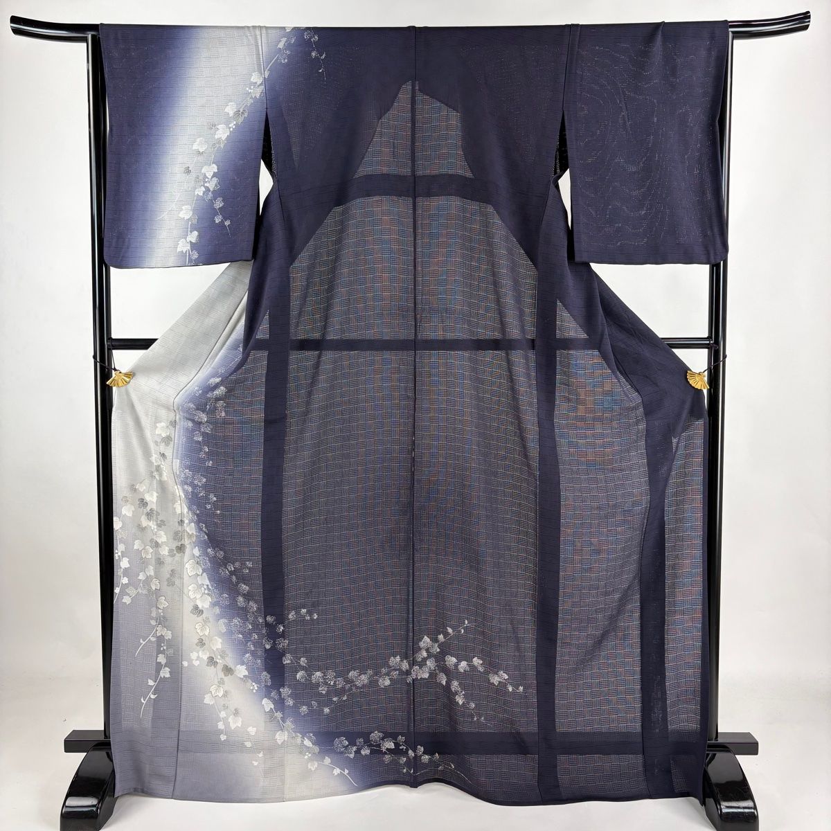 訪問着 身丈166.5cm 裄丈65.5cm M 薄物 葉と実 シルエット 金彩 ぼかし 青紫 正絹 名品