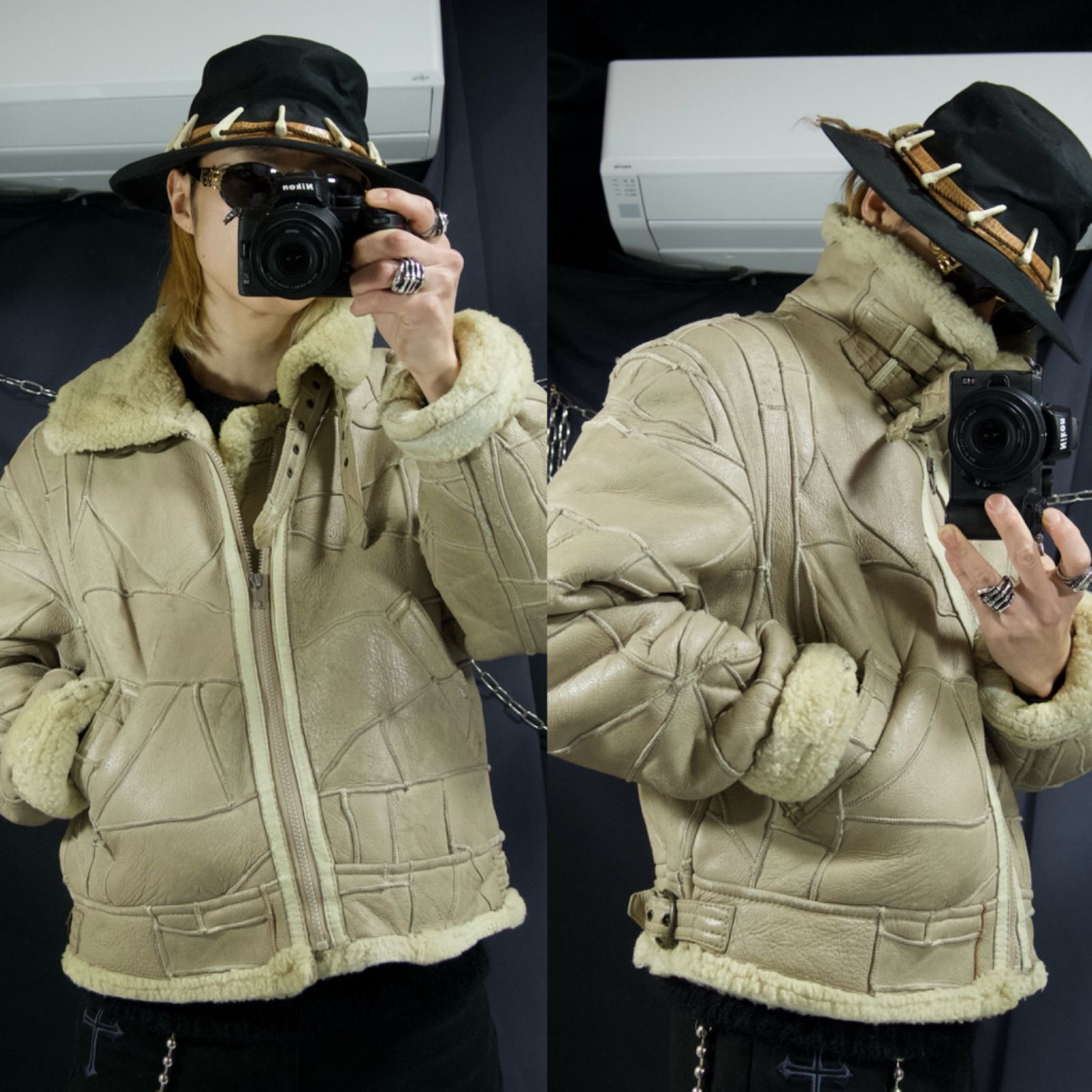 USED B3 Sheepskin Mouton TSUGIHAGI Leather Boa Flight Jacket B-3 シープスキン ムートン ツギハギ レザー ボア フライトジャケット