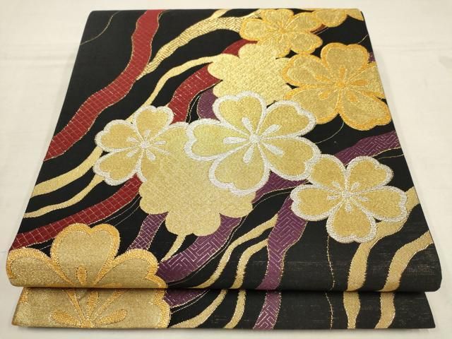 セール♪桜蝶舞清来衣文様　六通柄袋帯　着物 袋帯 振袖用 桜文様 青色 金糸 六通柄 正絹 仕立て上がり 着物帯
