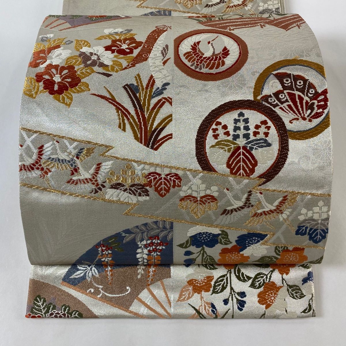 袋帯 金通し 扇 金銀糸 菱形 霞 華柄 紫 NO-1288 袋帯 逸品 帝王紫 落款あり 向かい鳥 華文 金糸 箔 灰紫 六通