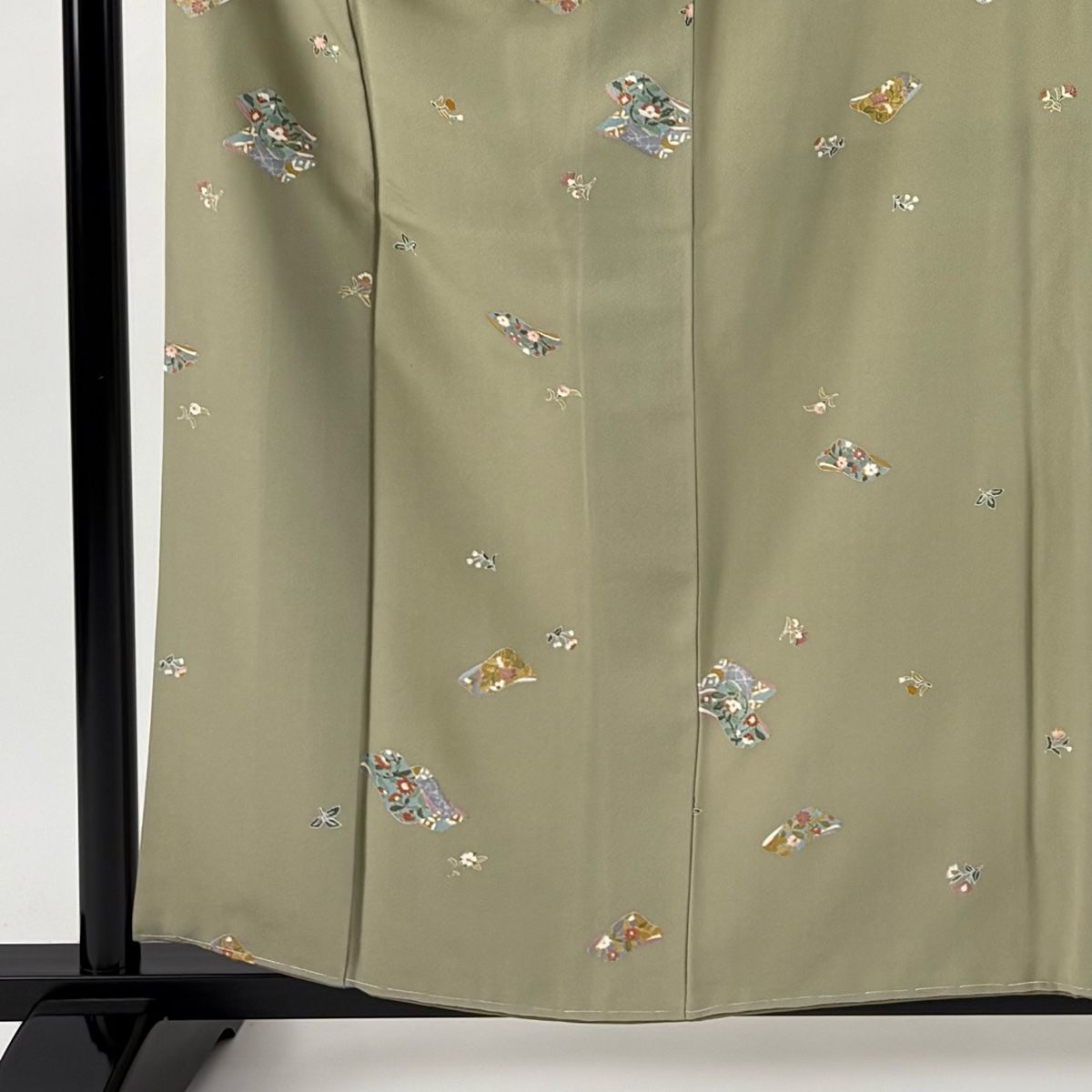 小紋 身丈158cm 裄丈64cm M 袷 反物 草花 金彩 灰緑 正絹 秀品