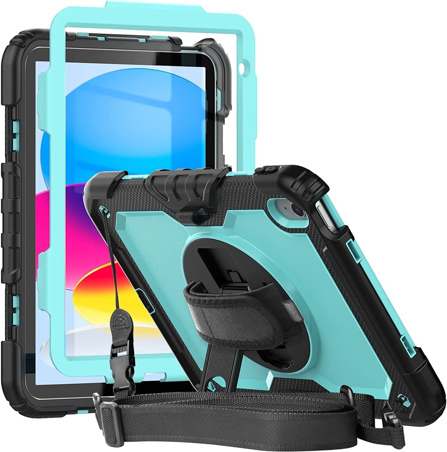 ケース2025 保護シール内蔵 第10世代 360度回転の折り畳スタンド iPad 肩紐 ハンドストラップ付き ペン収納 保護フィルム＆ペン収納＆360°回転スタンド 子供 A 2777 頑丈 丈夫 2757 ゴツイ 2696 耐衝撃