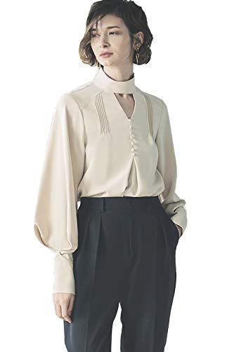 Size L_Color ライトベージュ PBE ルイ ルエ ブティック タック スリーブ ブラウス レディース ミセス OL ママ トップス スーツ シャツ インナー 長袖 Vネック フォーマル 大きいサイズ ビジネス オフィス 通勤 冠婚葬祭 セレモ