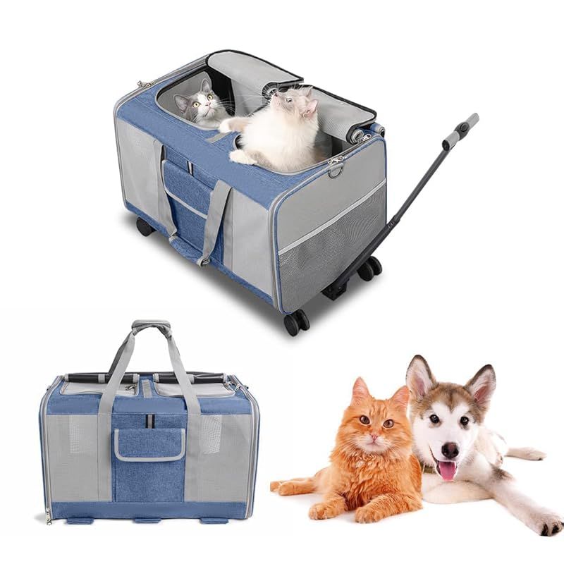 Aikenn 猫 キャリー 2匹用 キャリーバッグ 折りたたみ 通気性 耐久性 リュック 軽量 持ち運び 旅行 通院 ペット用品 ダークブルー