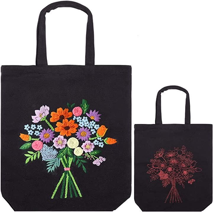 WADORN 刺繍バッグキット 初心者セット 刺繍キット 刺しゅうキット 花柄 35x33cm( 黒)