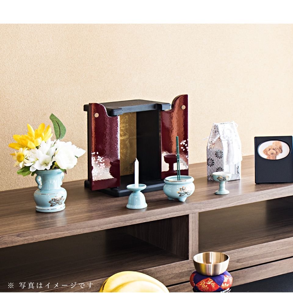 リビング収納 BHT1013340 ペット仏壇 ミニサイズ 漆塗り調 桜模様 りん付 写真立て付 ペット供養 分骨 コンパクト仏壇用 本棚サイズ