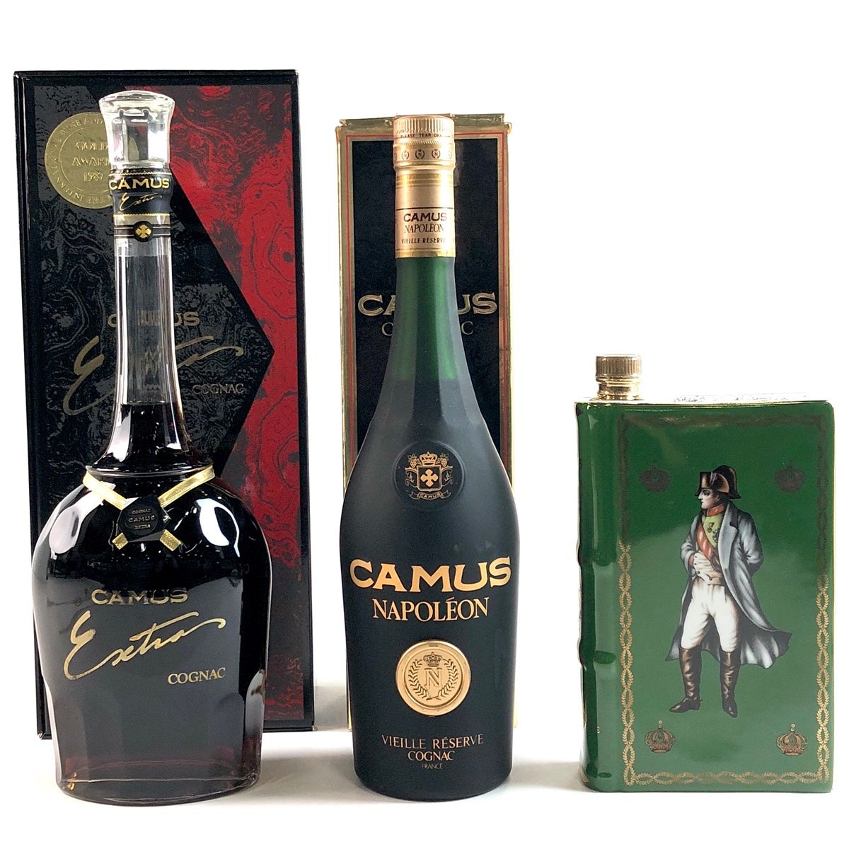 3本 カミュ CAMUS エクストラ ナポレオン ヴィエイユ リザーブ ナポレオン 緑 ブック型ボトル 700ml ブランデー セット 古酒