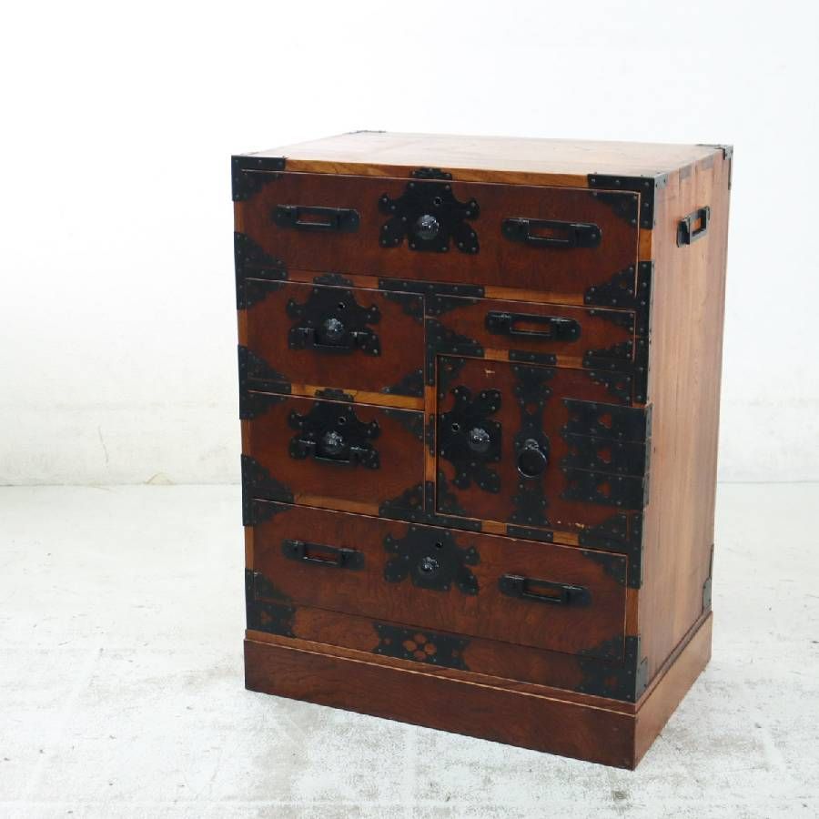 民芸家具 欅 美しい杢目 玉杢 菊紋鉄金具 和箪笥 整理箪笥 時代家具調 レトロ ヴィンテージ アンティーク調 古民家 古道具 289h21