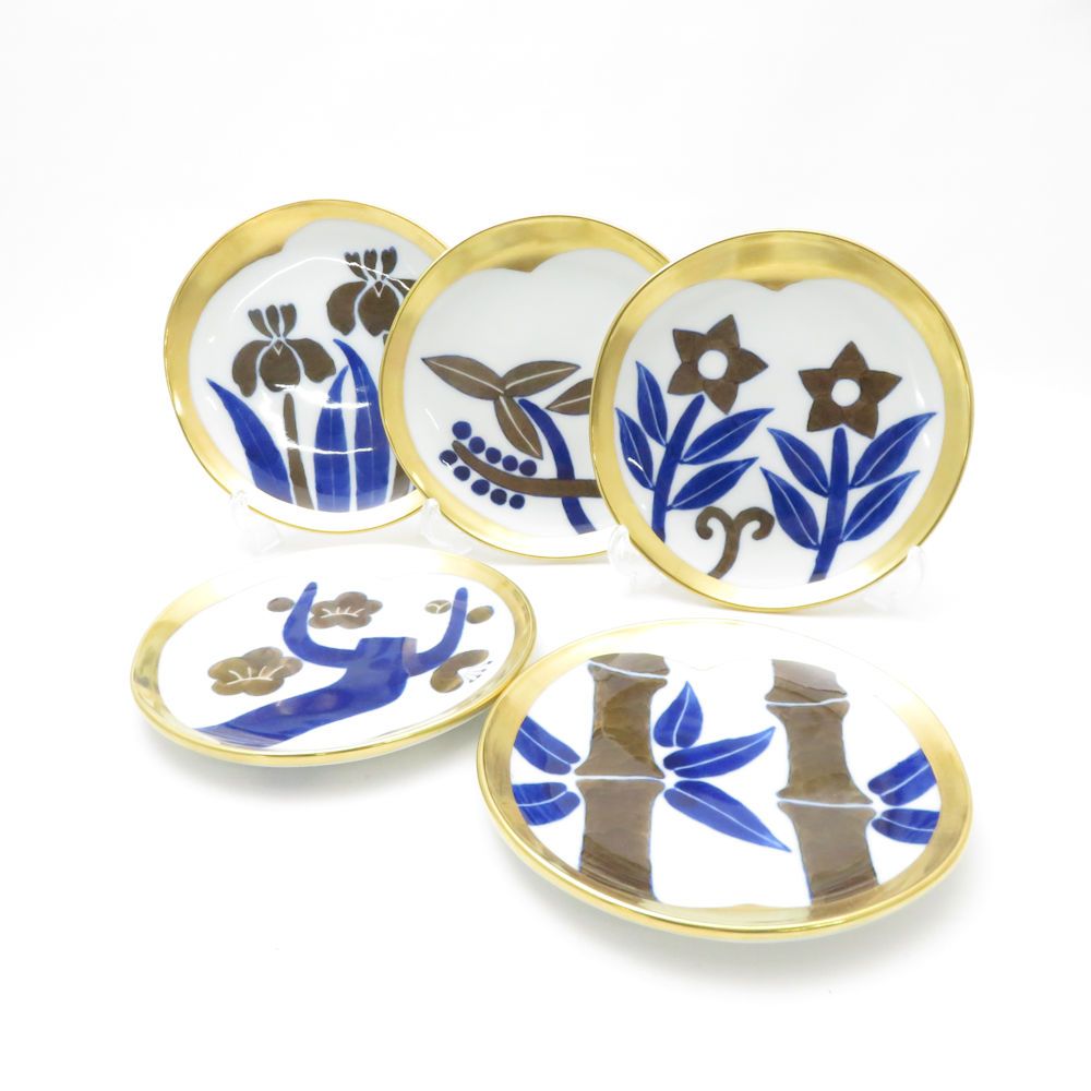 ♥ Fukagawa Seiji 深川製磁 光琳風染付 銘々皿 5枚 セット 金彩 14cmプレート 小皿 SM4745B4