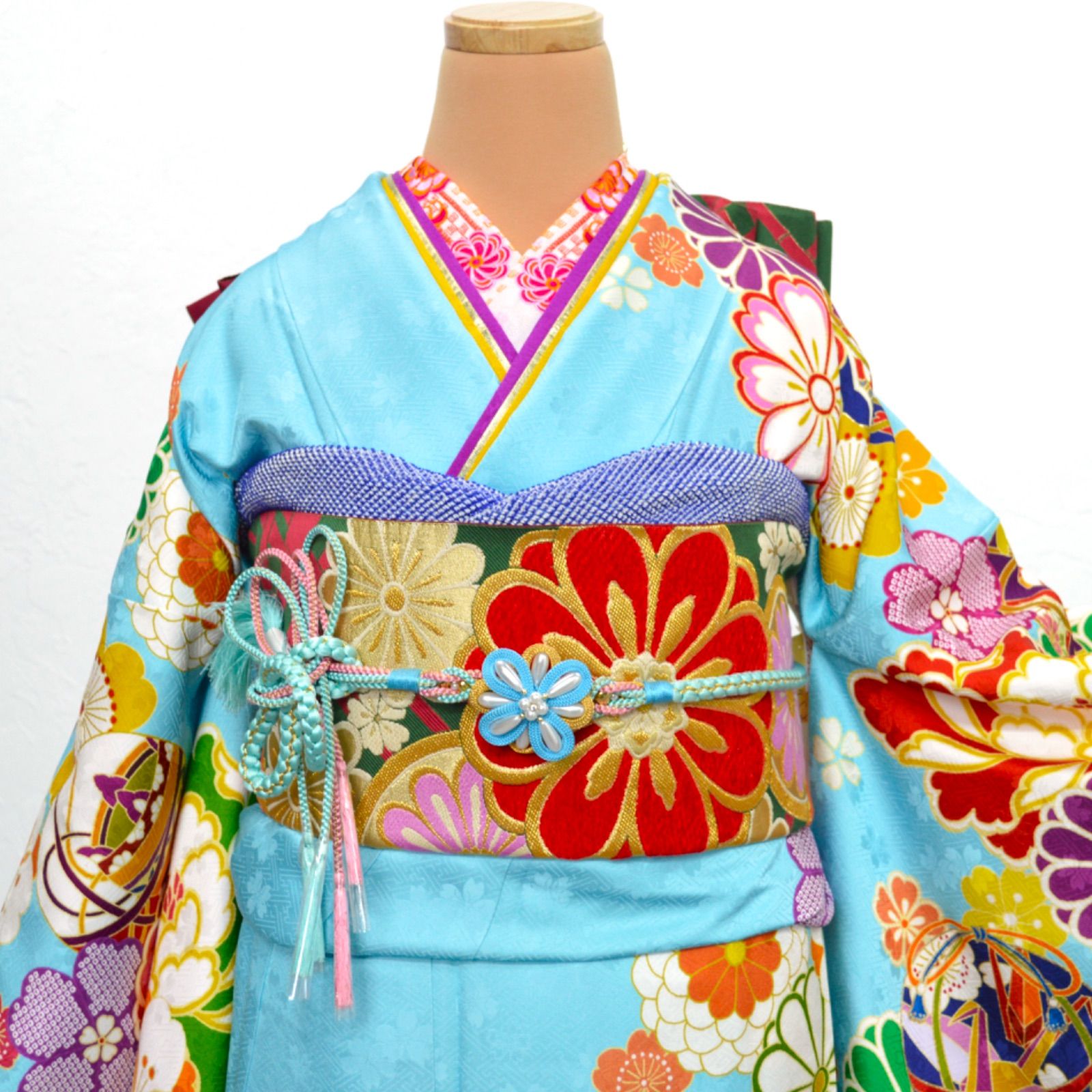 振袖フルセット6点M〜Lサイズ水色 花柄 波模様　正絹　売り切り終了 振袖フルセット6点M〜Lサイズ水色 花柄 波模様 正絹 売り切り終了