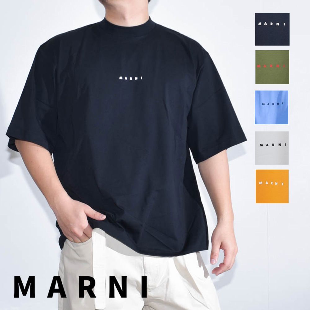 マルニ Tシャツ メンズ モックネック ロゴ 白 ネイビー シンプル