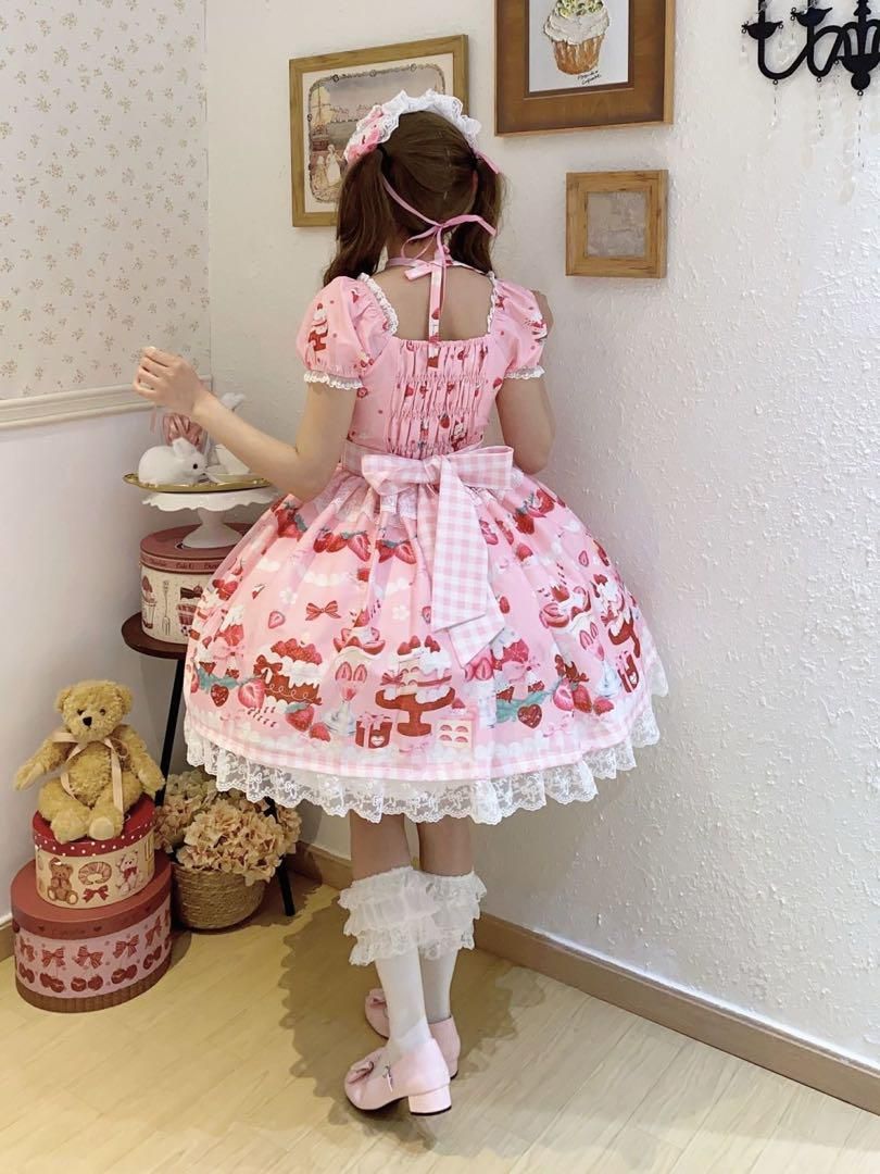 【苺パフェ】イチゴ ロリータドレス リボン 可愛いゴスロリ 森ガール 姫様ピンク 苺パフェ】イチゴ ロリータドレス リボン 可愛いゴスロリ 森