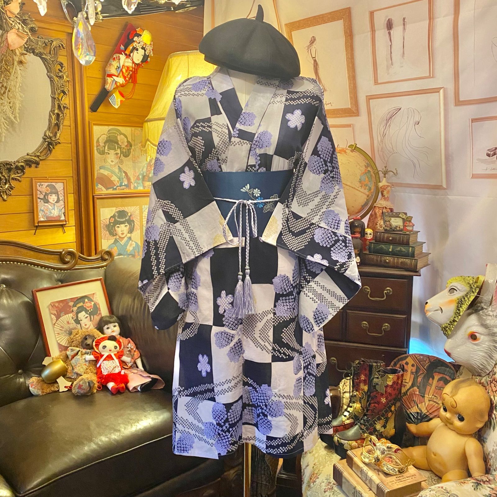 浴衣リメイク ミニミディ ワンピース ドレス 名古屋帯サッシュベルト  