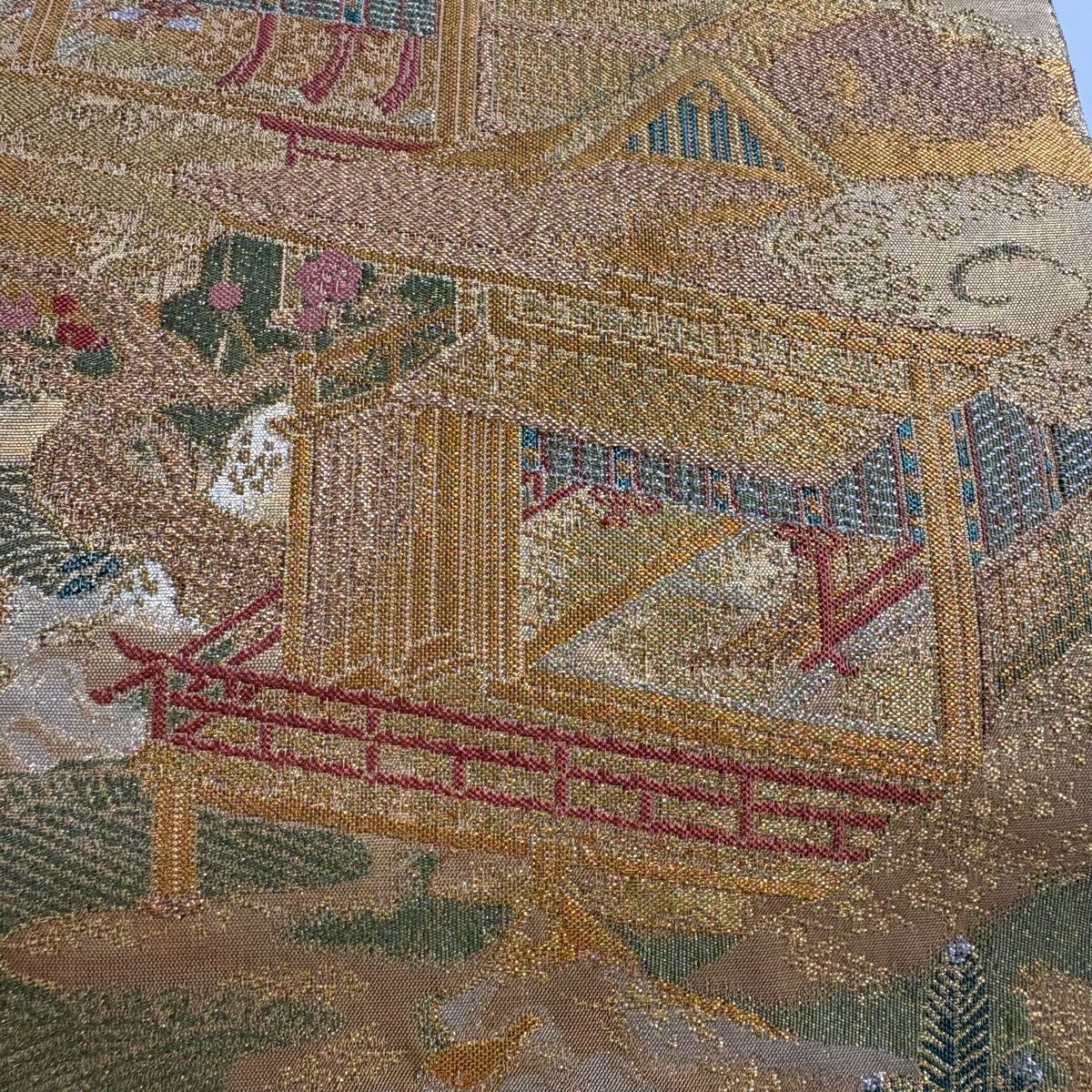 袋帯 秀品 風景 建物 金糸 箔 よもぎ色 お太鼓柄 正絹