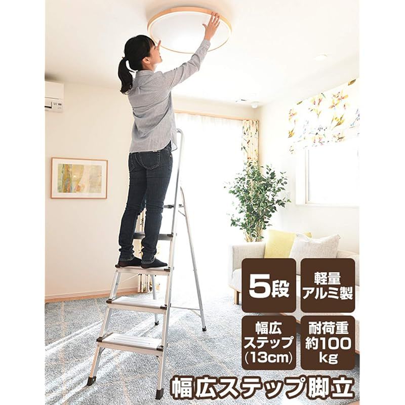 山善 脚立 5段 幅48×奥行103.5×高さ166cm 耐荷重100kg 折りたたみ アルミ 軽量 KBE-5 1