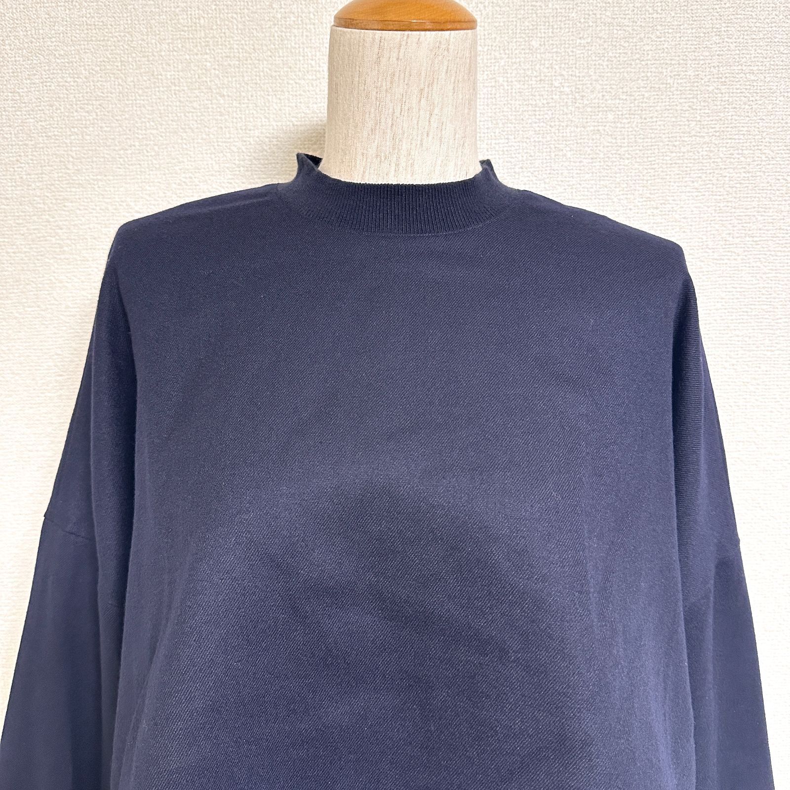 ENFOLD 22 AW LAYERED PULLOVER レイヤードプルオーバー クロップド丈ウールカットソー×シャツレイヤード風 オーバーサイズ 前後差丈 チュニック ロールアップ風ワイドスリーブ ネイビー