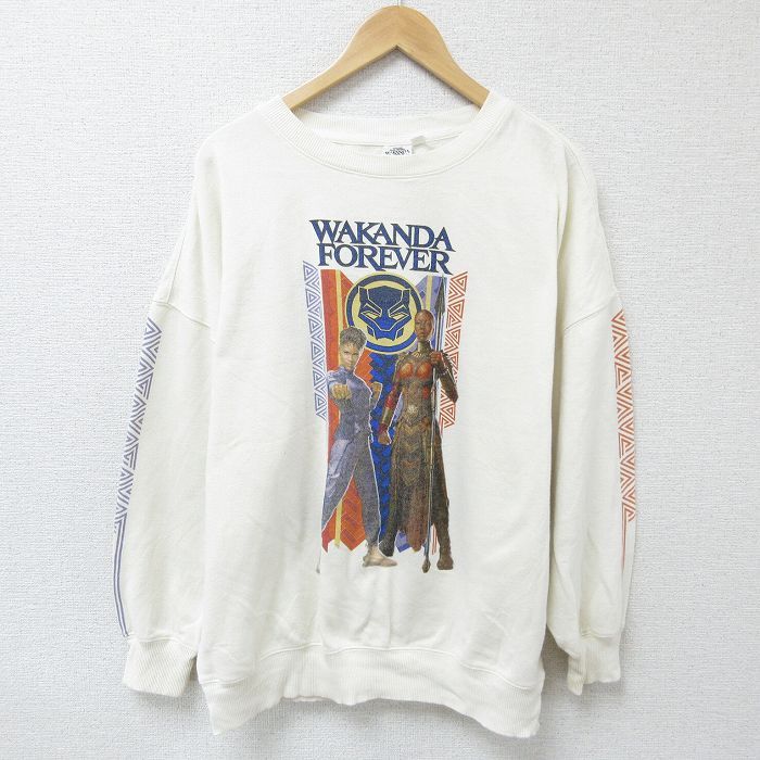 XL/古着 長袖 スウェット メンズ マーベル ブラックパンサー クルーネック 薄ベージュ カーキ 25mar10 中古 スエット トレーナー トップス