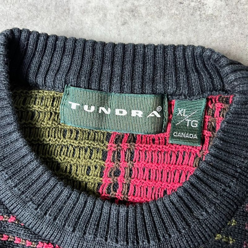 90s カナダ製 TUNDRA 総柄 ボーダー コットン ニット セーター