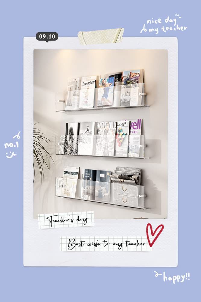 マガジンラック 壁掛け マガジンスタンド INS風 おしゃれ 北欧 透明 アクリル製 雑誌ラック 壁掛け棚 本棚 ラック 壁面収納 パンフレットスタンド 70cm 15cm 5cm透明