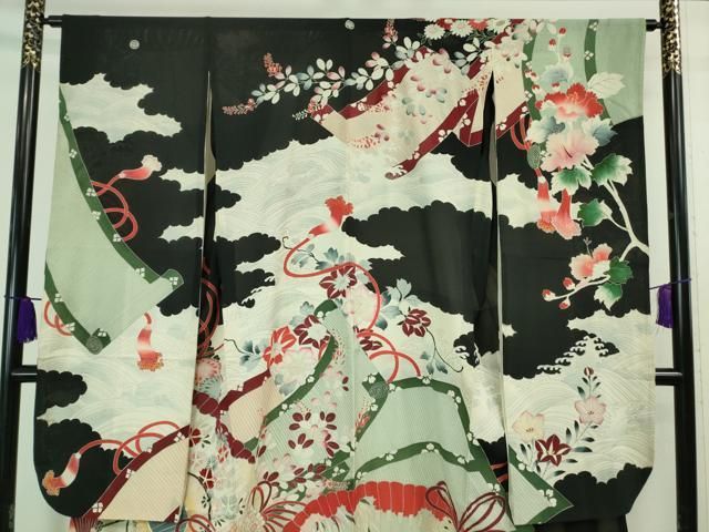 平和屋本店■希少　夏物　アンティーク　大正ロマン　振袖　絽縮緬　檜扇立波花文　黒地　銀彩　逸品　DZAA7074kh5 平和屋本店□希少 夏物 アンティーク 大正ロマン 振袖 絽縮緬 檜扇立波