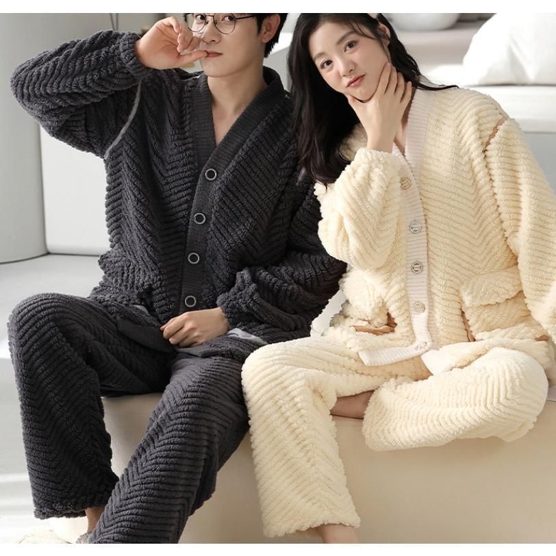 ペアパジャマ 冬 モコモコ 男女2着 セット カップル ペア ルームウェア セット 長袖 前開き ペア パジャマ 夫婦 もこもこ メンズ ペアパジャマ カップル 秋冬 結