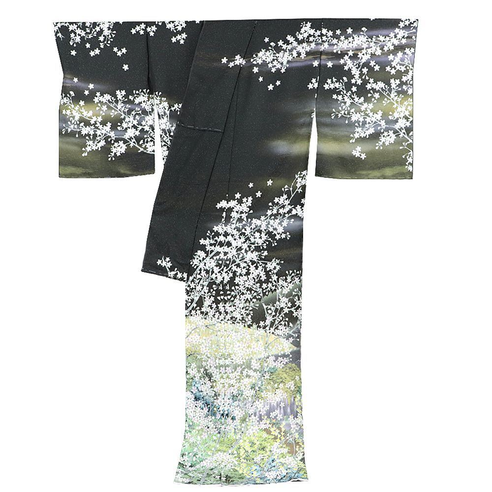 世界文化遺産 日本シリーズ 訪問着 富士山 黒地 ぼかし 富士山 桜 水面