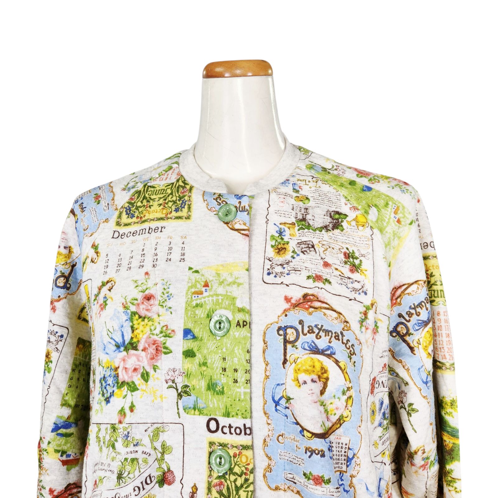 鴨居羊子パジャマ ♥ TUNIC 秋 冬物 長袖丸首全開パジャマ キャットキルト カレンダー アイボリー色 46500 日本製