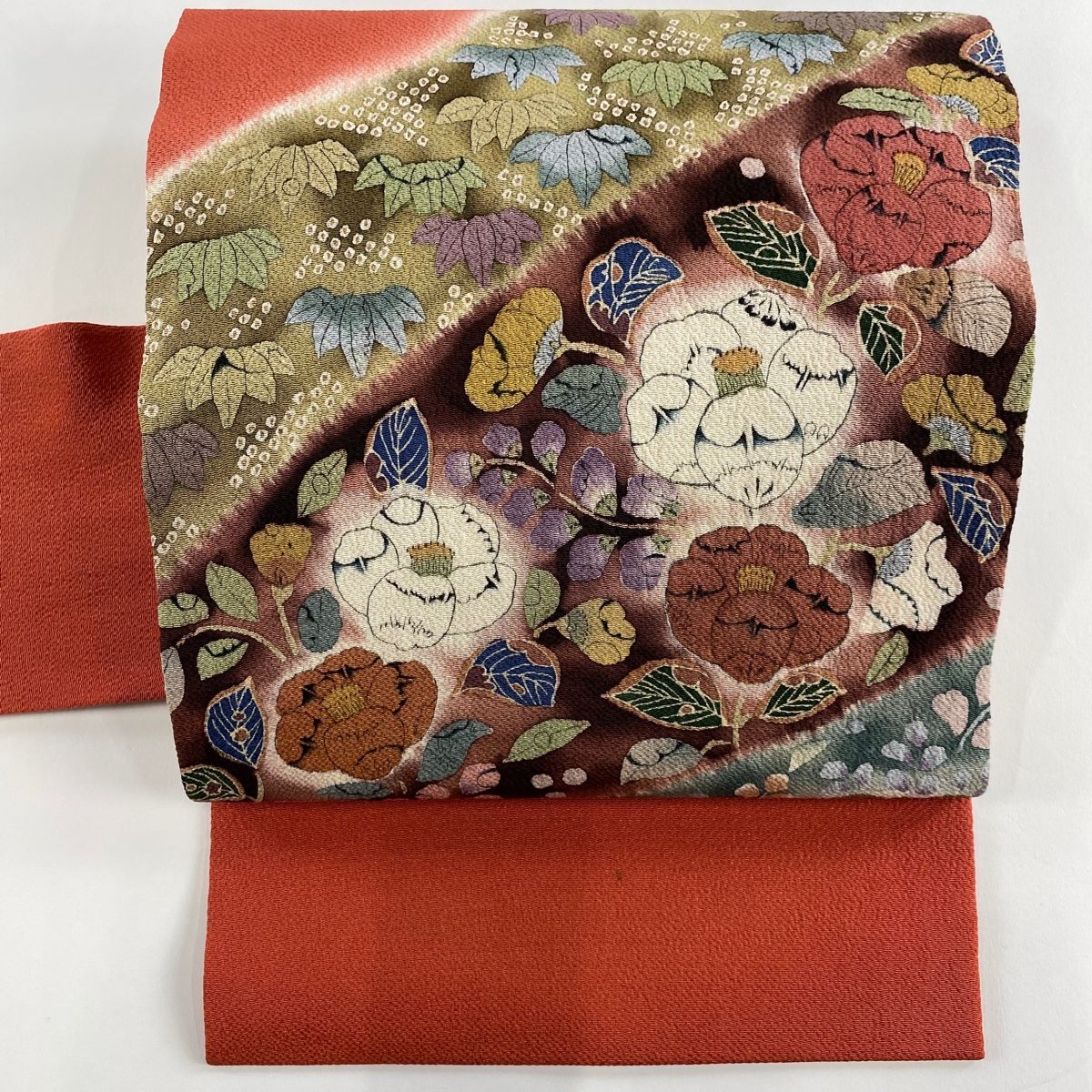 名古屋帯 秀品 落款 草花 笹 縮緬 ぼかし 茶紫 正絹