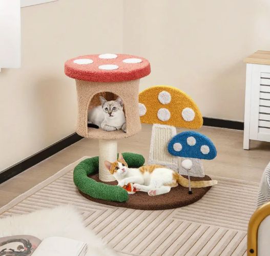 1pc GIANTEX クラシックマッシュルームスタイルキャットタワー サイザルスクラッチングボード付き - 固定式キャットハウス＆ツリー ≥3.2立方フィートの収納スペース - 耐久性の