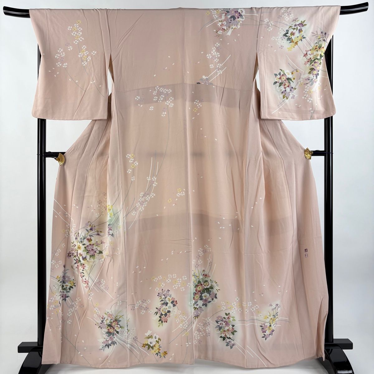 訪問着 身丈163.5cm 裄丈68.5cm L 袷 花束 花びら ぼかし 薄ピンク 正絹